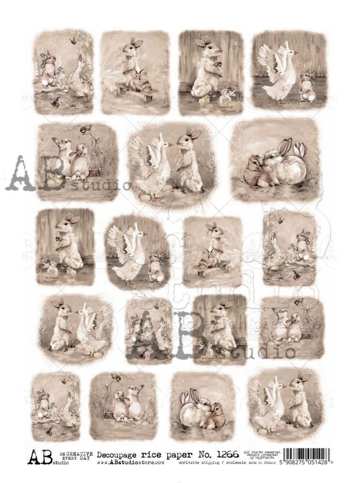 Rabbits and Ducks Mini Cards Sepia A4 by AB Studio