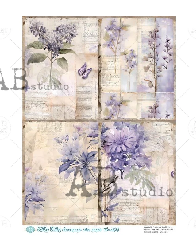 Vintage Purple Flowers Rice Paper A4 by AB Studio