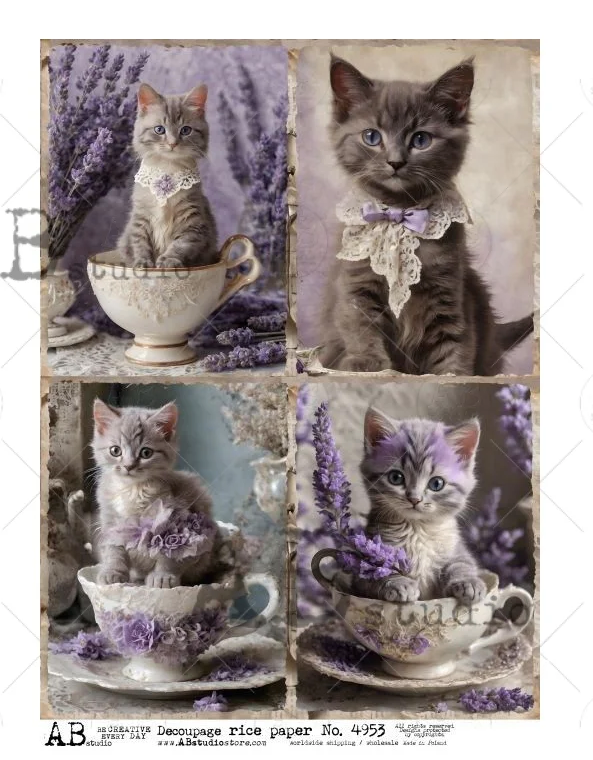 Kittens In Teacups Cards Rice Paper A4 by AB Studio