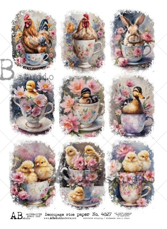 Ducklings, Rabbits, Chickens in Teacups Watercolor Cards A4 by AB Studio