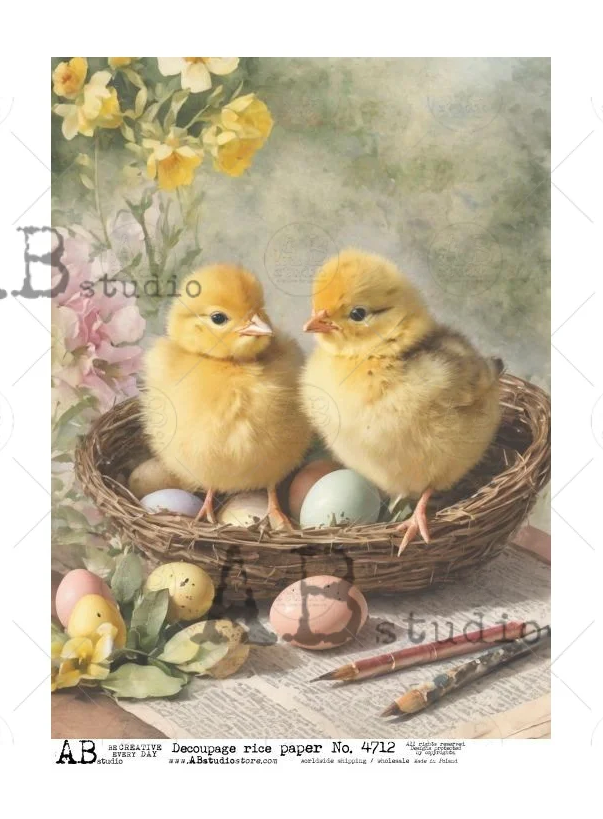 Two chicks in Nest with eggs A4 by AB Studio