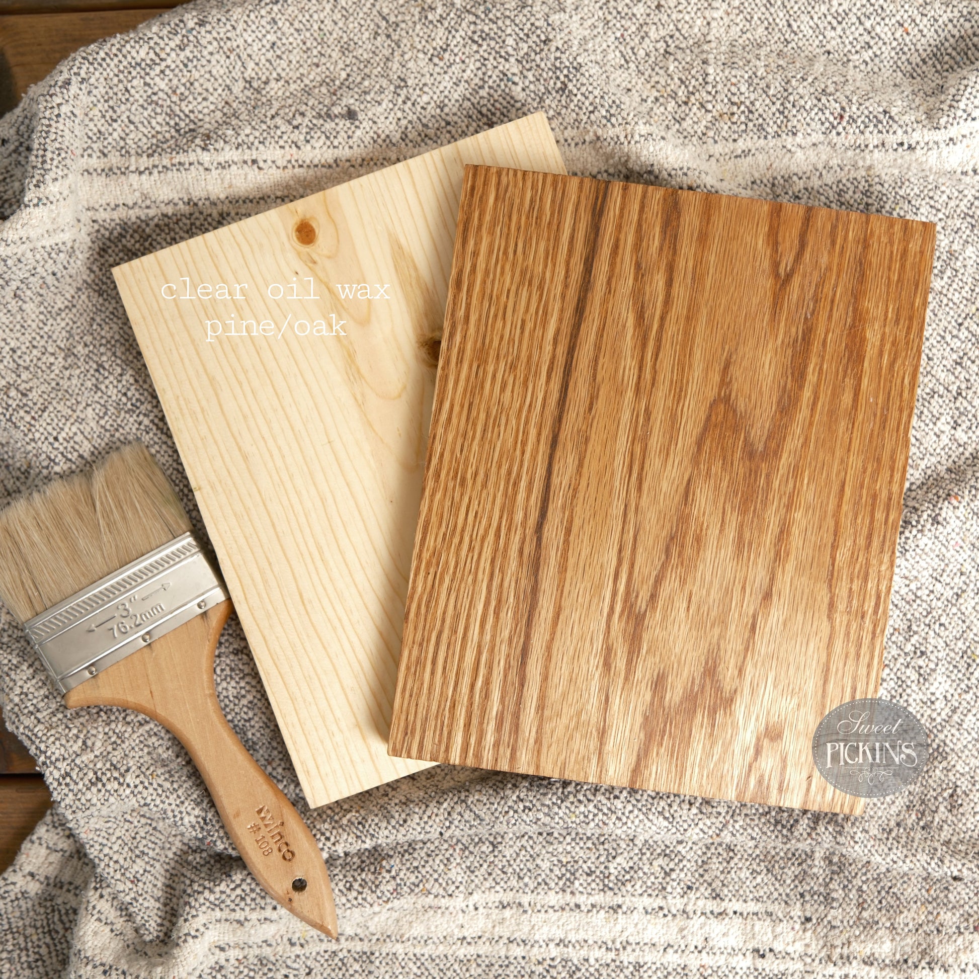 Sweet Pickins Clear Oil Wax finish on pine and oak